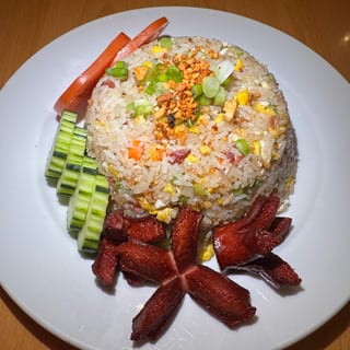 D7. Bacon and sausage garlic fried rice